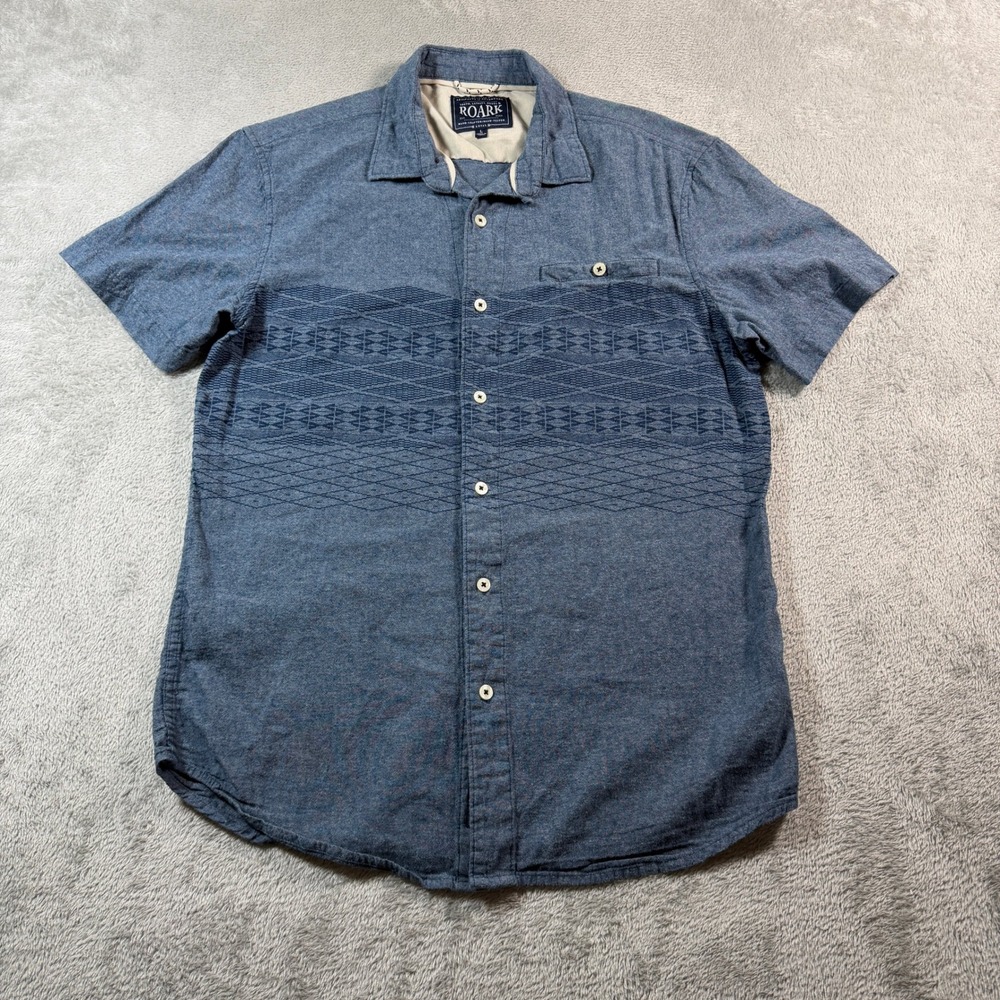 Roark Revival Button Down Shirt Men Large Blue Chambray Geometric Short Sleeve